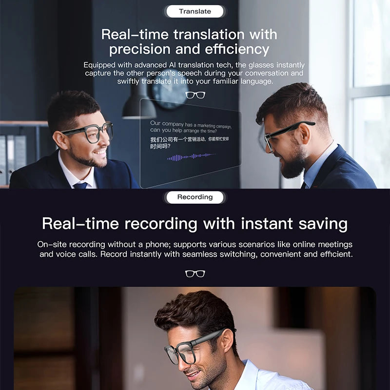 A person wearing black, stylish smart glasses that show real-time text translation and HD recording features.