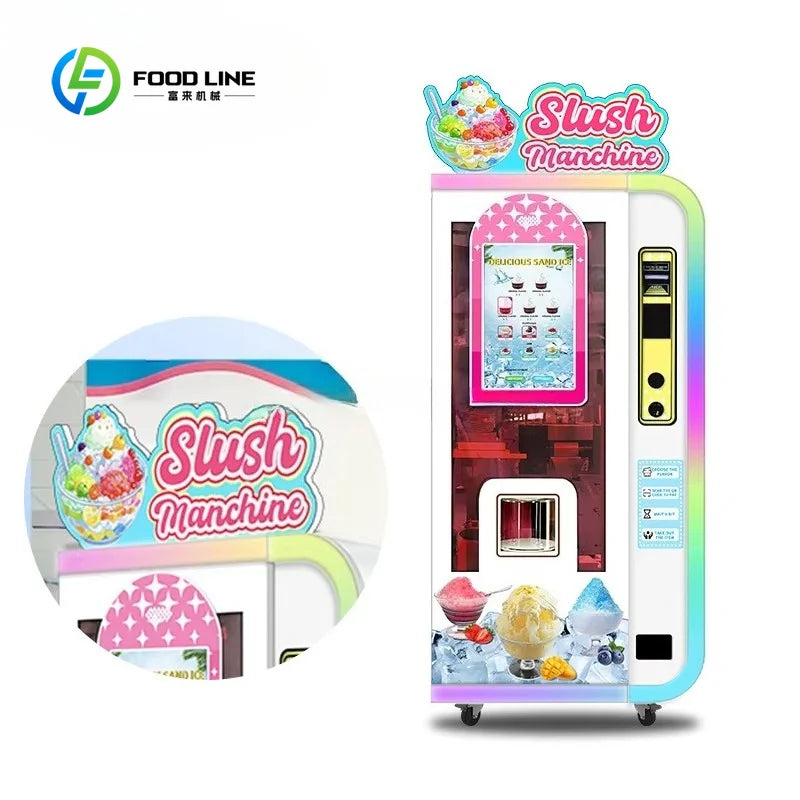 White automated slush vending machine with touchscreen, payment slot, and colorful "Slush Machine" top sign.
