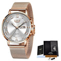 Elegant women’s rose gold mesh bracelet watch featuring a silver dial with Roman numerals and a day-date display.