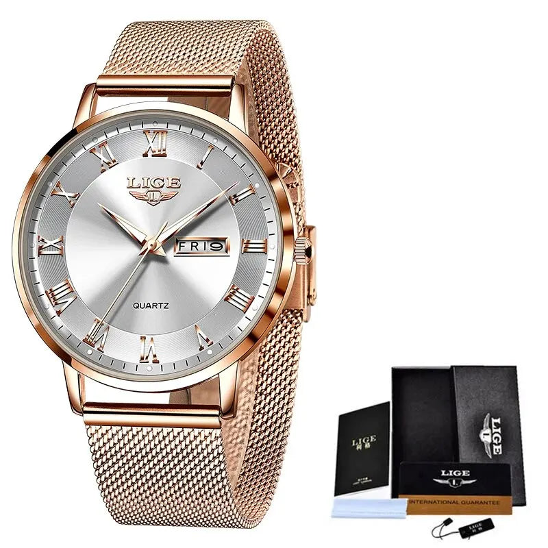 Elegant women’s rose gold mesh bracelet watch featuring a silver dial with Roman numerals and a day-date display.