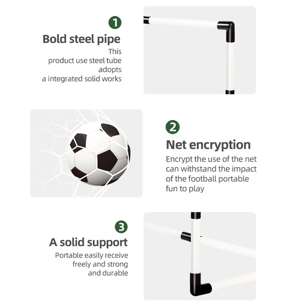 Football goal with durable white steel tubes, reinforced black corner joints, and impact-resistant netting.