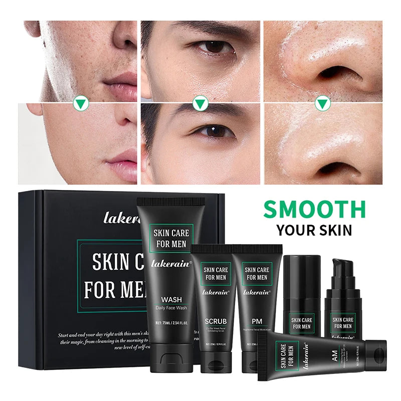 Men's black skincare kit with face wash, scrub, and moisturiser, showing before-and-after results for smoother skin.
