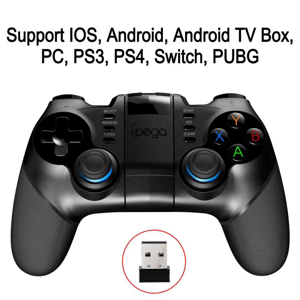 Black wireless gaming controller with dual analogue sticks, coloured action buttons and a separate USB receiver.