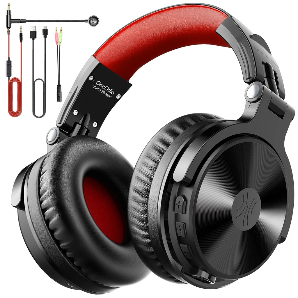 Black and red wireless gaming headphones with cushioned ear cups, a detachable microphone, and various connection cables.