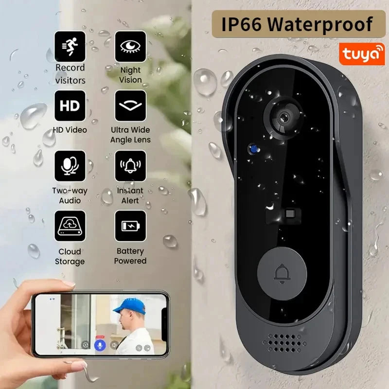 Sleek black wireless video doorbell featuring HD camera, night vision, two-way audio, and waterproof design.