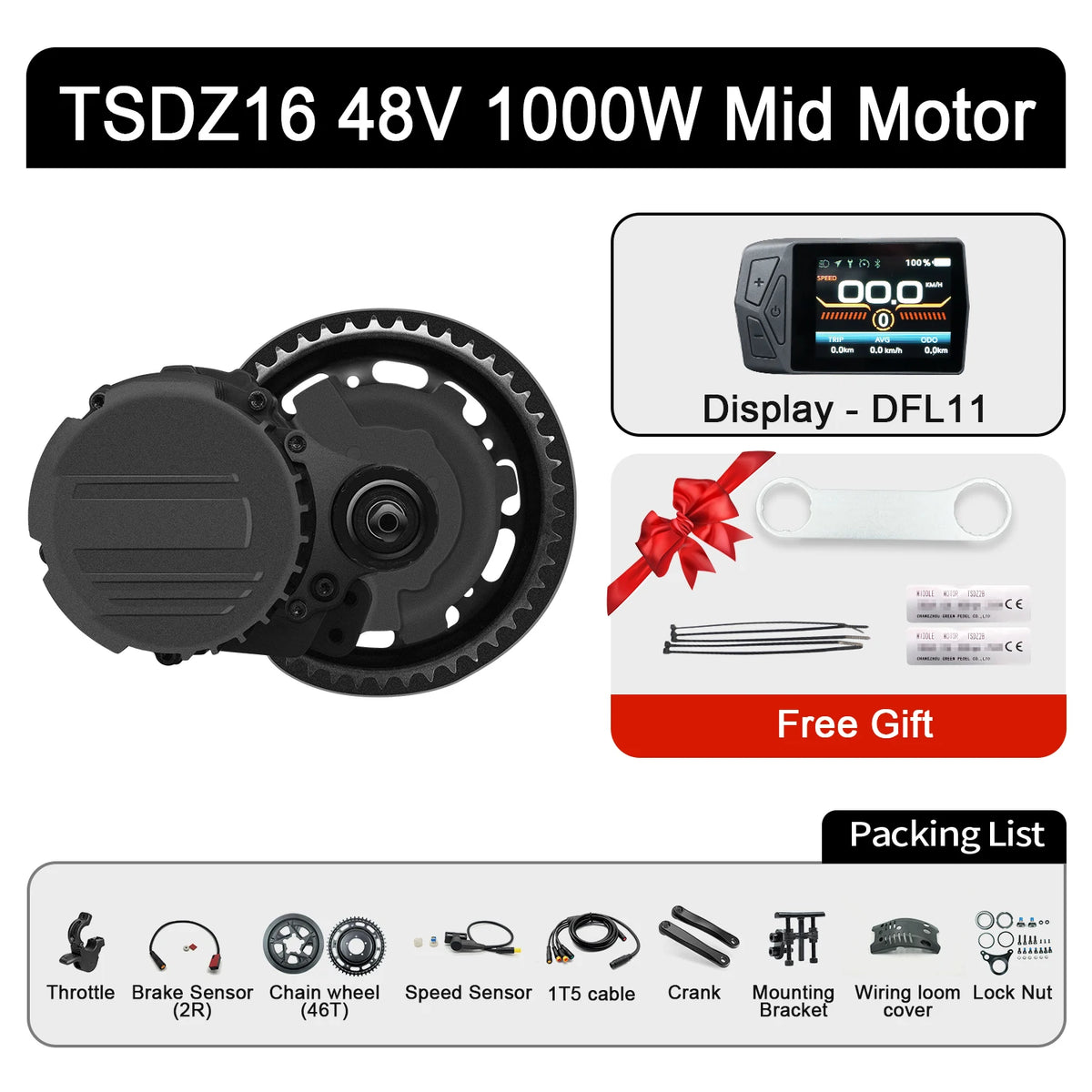 Black TSDZ16 48V 1000W mid-drive ebike motor kit with DFL11 display, chain wheel, sensors, cables, and hardware.