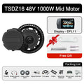 Black TSDZ16 ebike conversion kit with mid-drive motor, DFL11 display, chain wheel, and accessories.