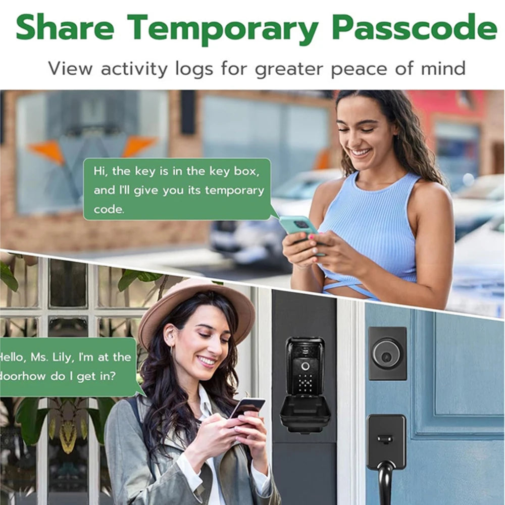 Black metal electronic key lock box with a digital keypad and app connectivity mounted on a door frame.