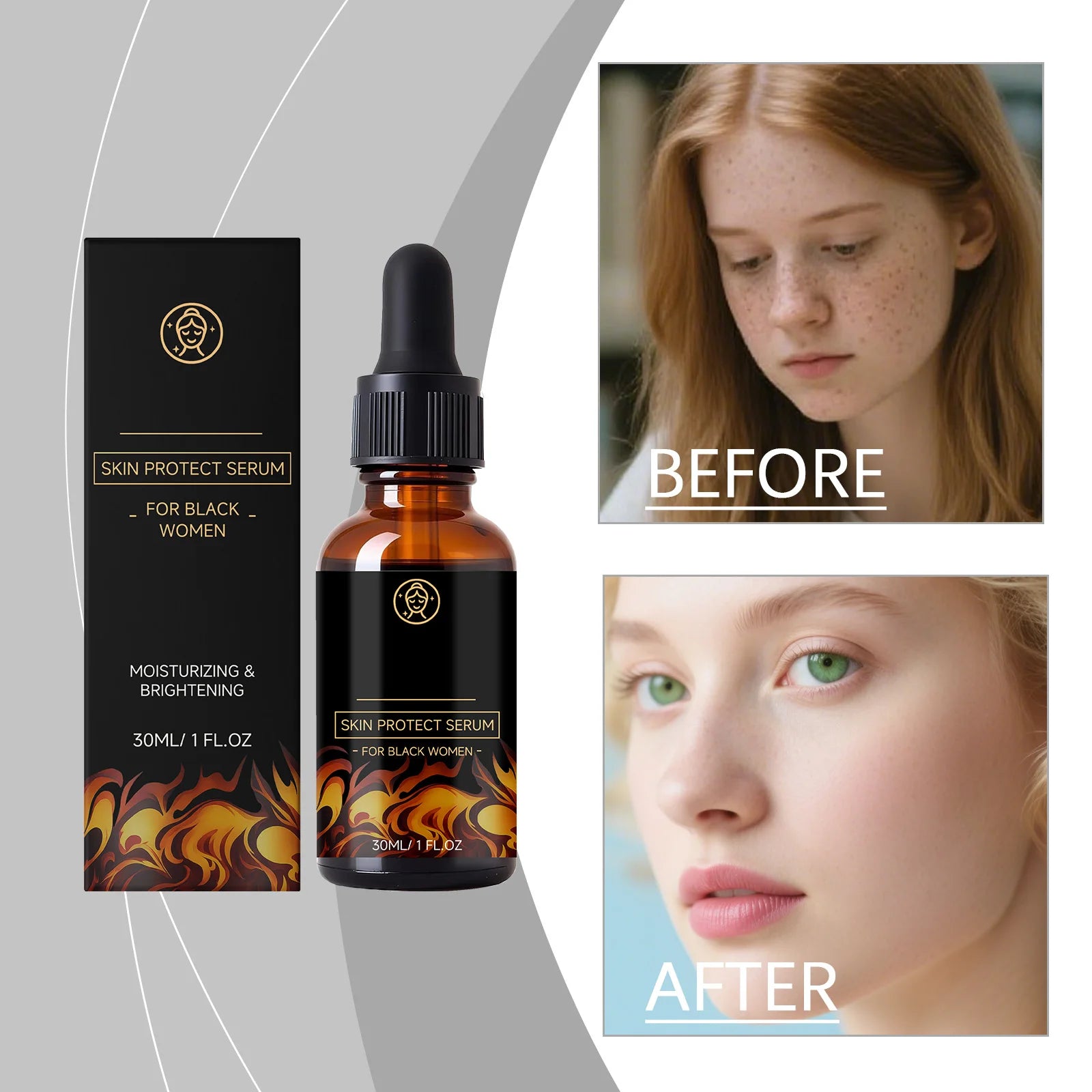 30ml moisturising and brightening skin serum in a dropper bottle with before and after comparison images.