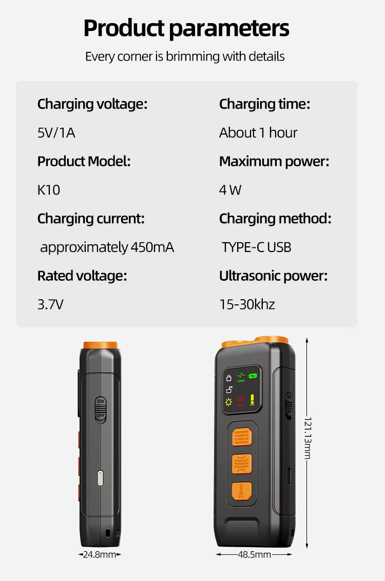 Black and orange rechargeable dog training device with LED display, control buttons, and technical specifications.