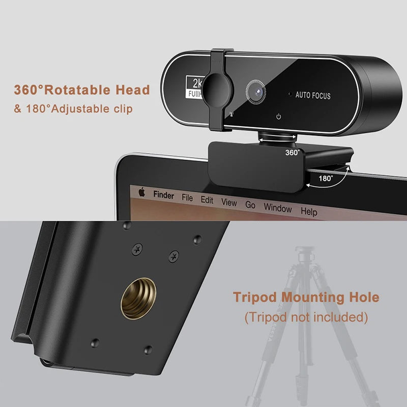 Black 4K autofocus webcam with a 360-degree rotating head, adjustable monitor clip, and tripod mounting hole.