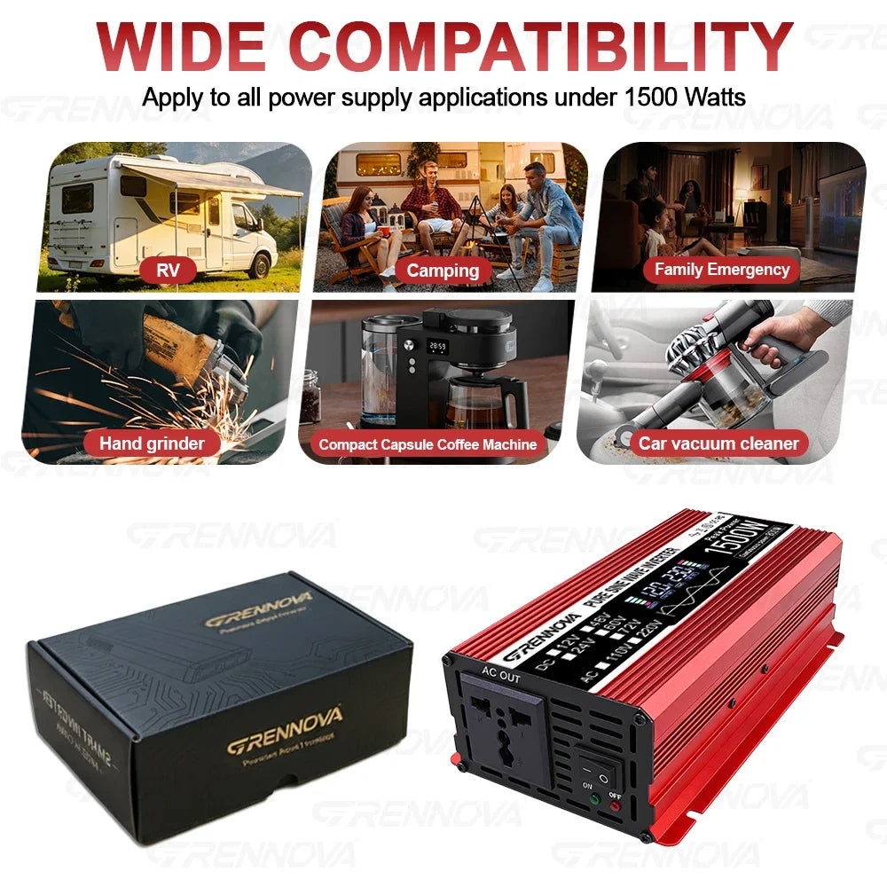 A red 1500W pure sine wave power inverter with an AC outlet, shown alongside its black packaging and usage examples.
