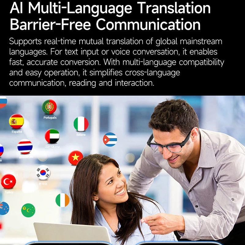 A man wearing sleek, black smart recording glasses leans over to help a colleague, surrounded by global language icons.