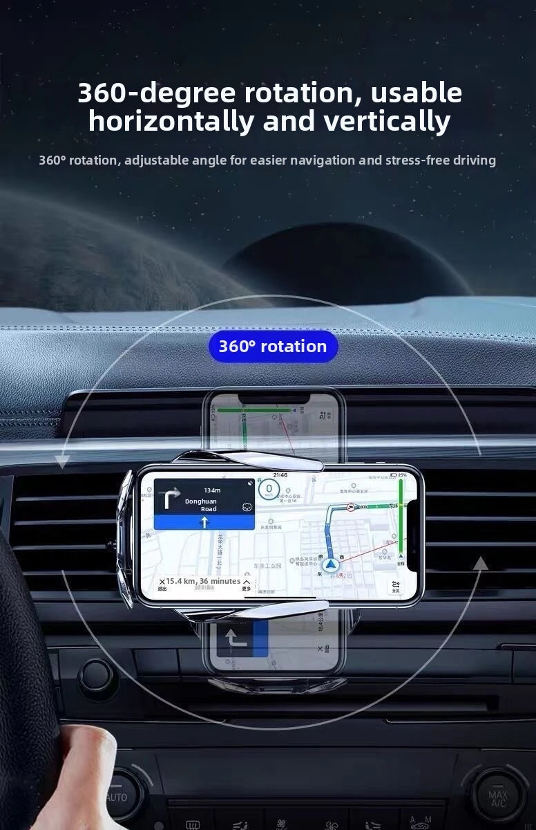 Silver car air vent phone mount holding a smartphone, featuring 360-degree rotation for landscape or portrait viewing.
