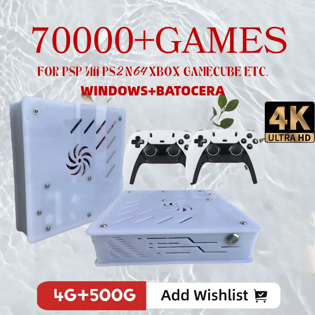 White X8 retro game console box with ventilation fan and two matching white and black controllers.
