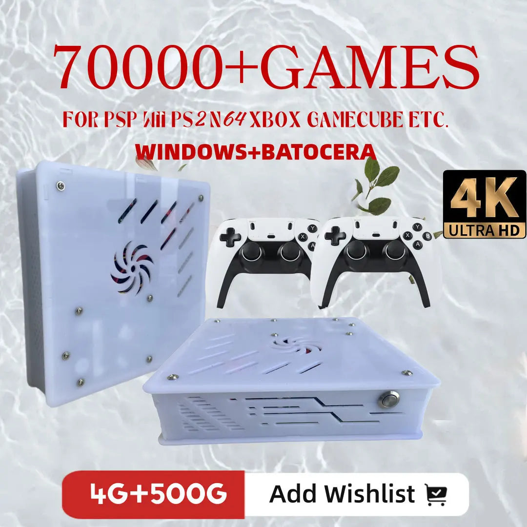 White X8 retro game console box with ventilation fan and two matching white and black controllers.