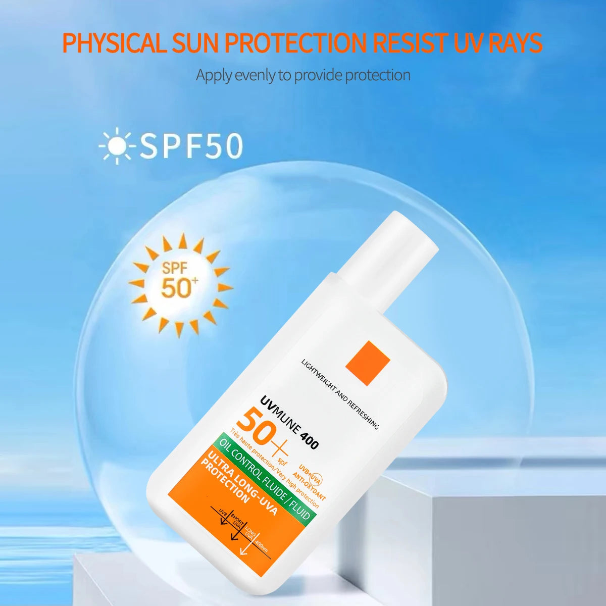 White SPF 50+ sunscreen bottle with orange accents, featuring lightweight, oil-control protection against UV rays.