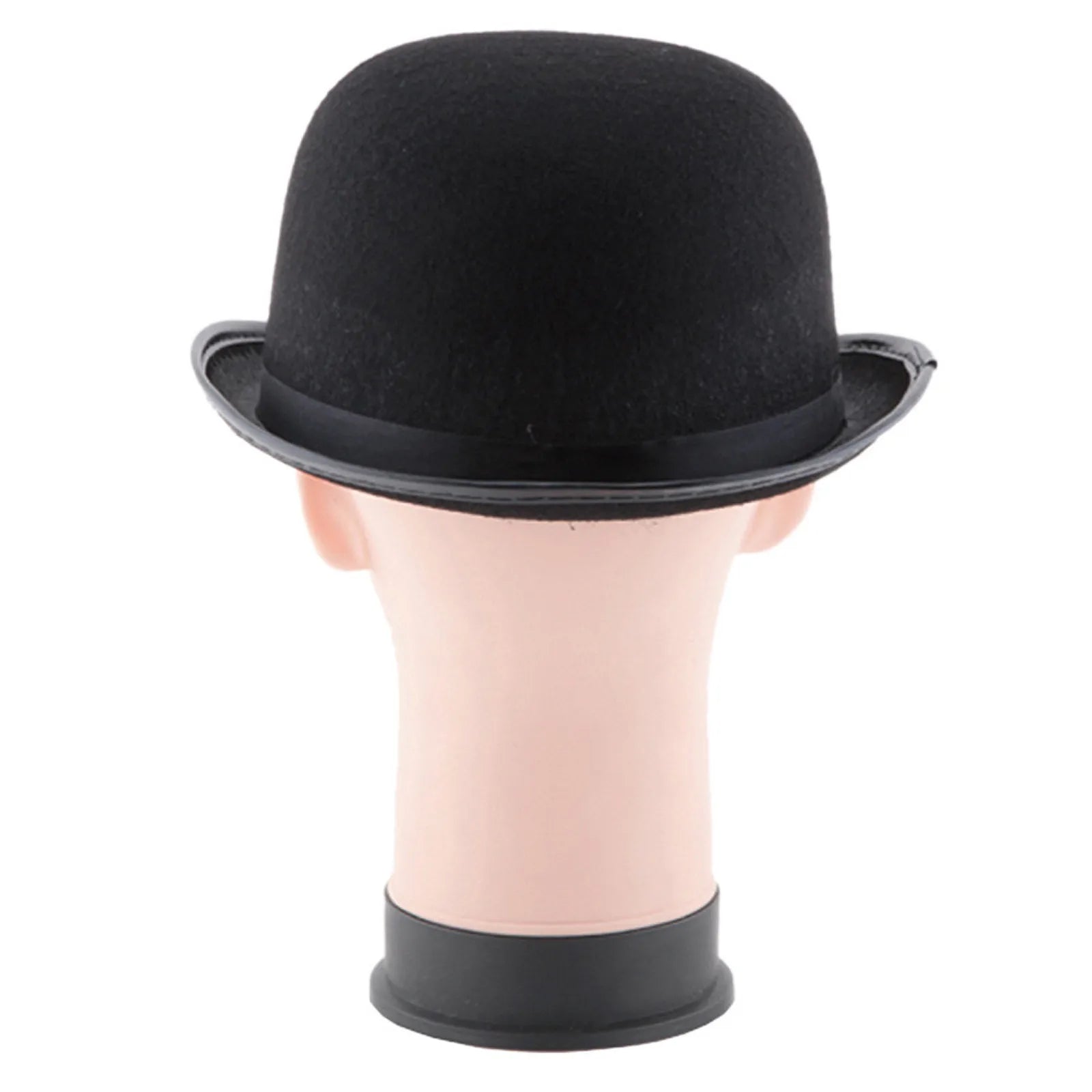 A classic black felt bowler hat with a rounded crown and short, curled brim on a mannequin head.