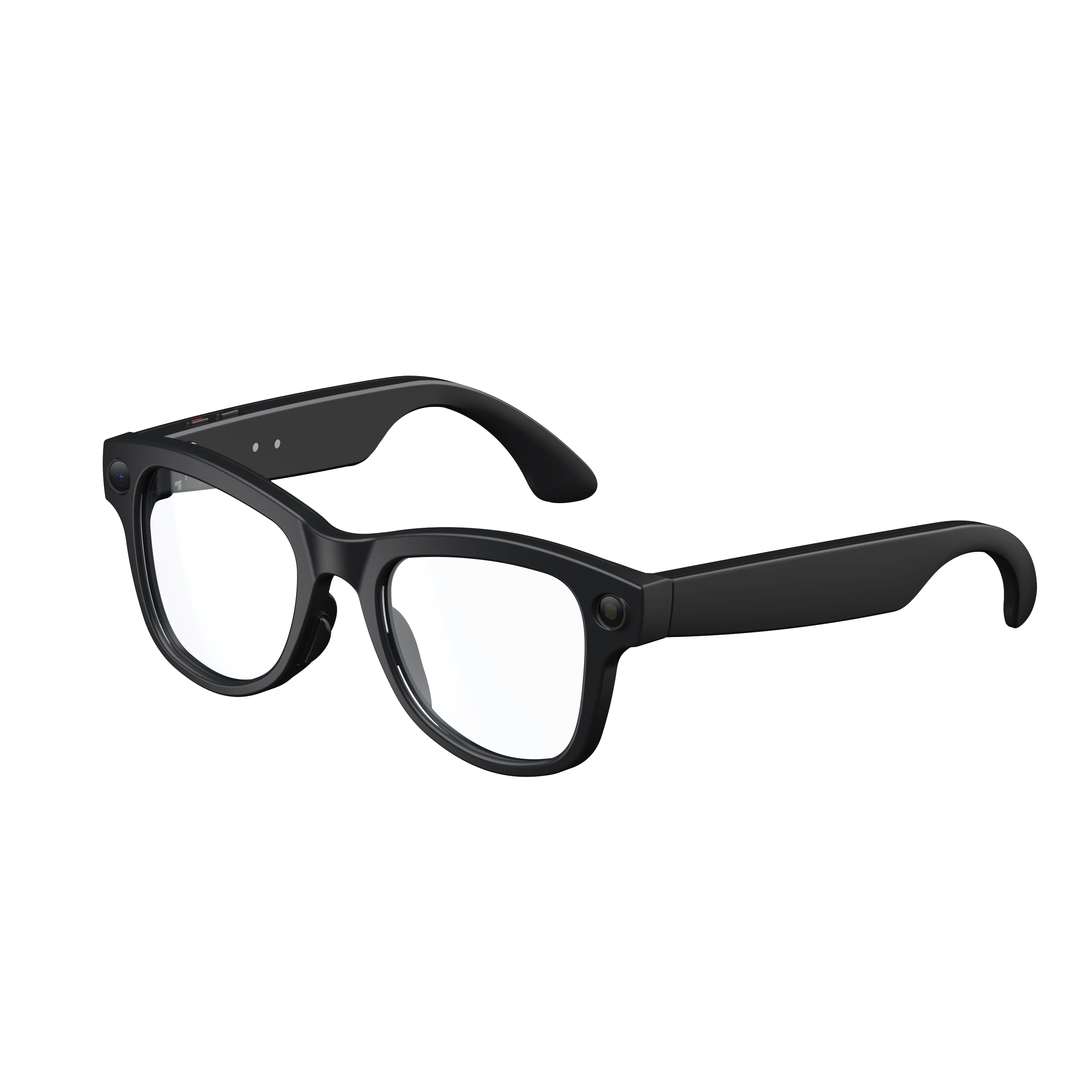 Sleek matte black smart glasses featuring integrated HD cameras on the frames and built-in Bluetooth audio technology.