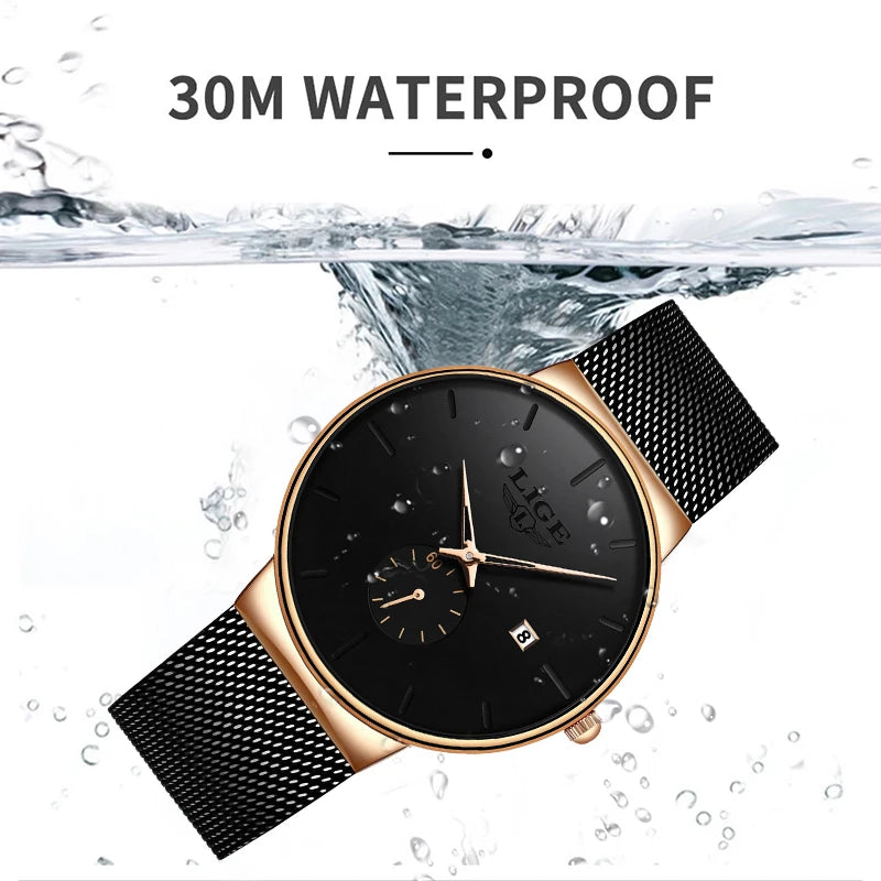 Elegant ultra-thin women's quartz watch with a black mesh strap, gold case, and black dial, submerged in water.