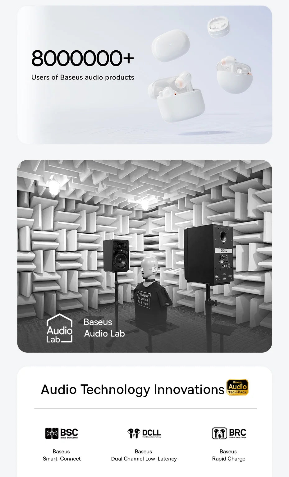 White wireless earbuds, speakers in an acoustic testing room, and icons showcasing audio technology innovations.