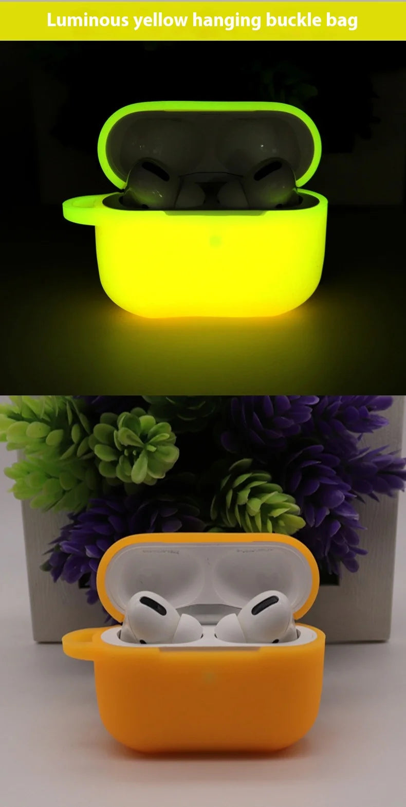 Luminous yellow silicone case for AirPods Pro with side hook, shown glowing in the dark and in daylight.