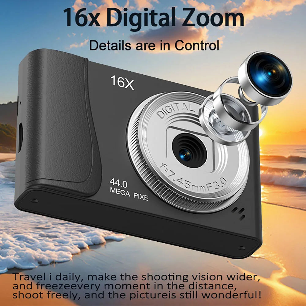 Black 44MP digital camera with silver lens, 16x zoom, and textured grip against a beach sunset background.