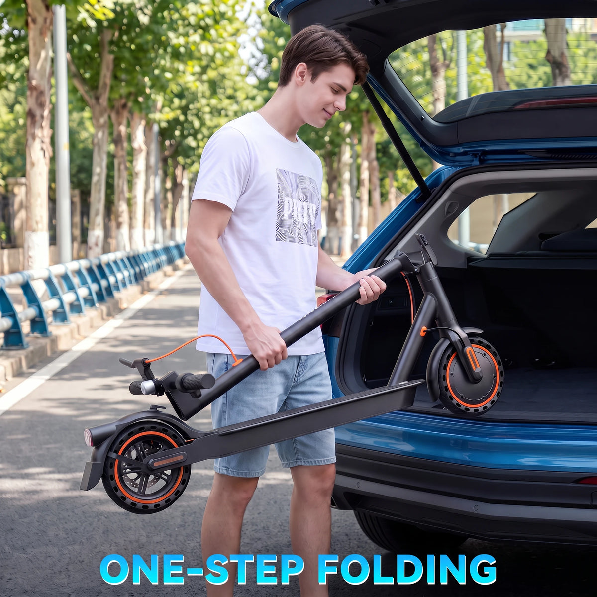 Man folding black TODIMART electric scooter with orange wheel accents to load into car trunk.