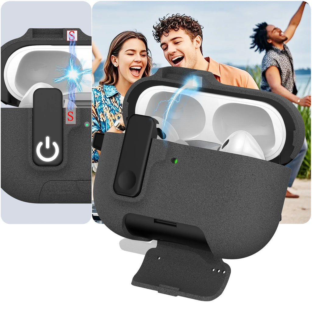 Dark grey, textured protective case for AirPods Pro, featuring a magnetic latch and power button design.