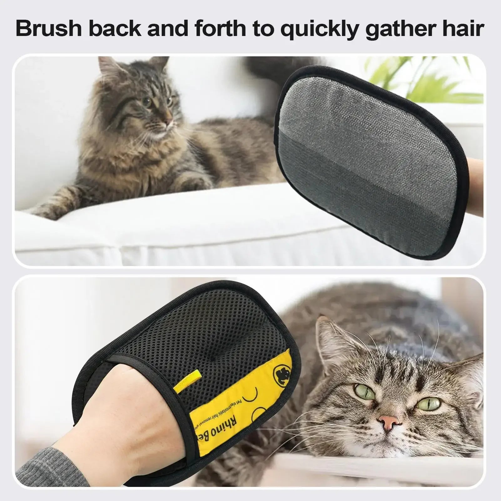Grey and black pet hair removal mitt shown from both sides, being used to remove fur near a long-haired tabby cat.