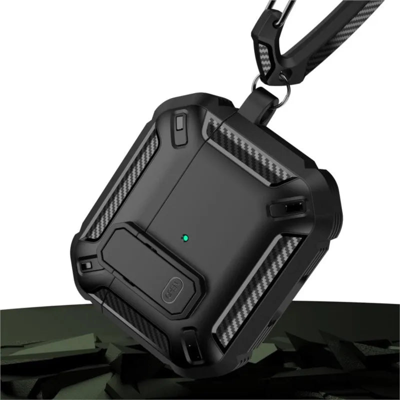 Rugged black protective AirPods case with carbon fibre-style accents and a secure carabiner clip.
