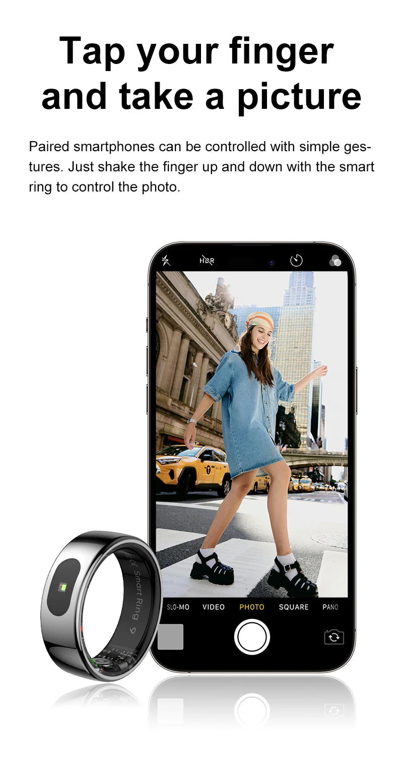 Sleek silver smart health ring beside a smartphone showing a camera app, highlighting remote photo control.