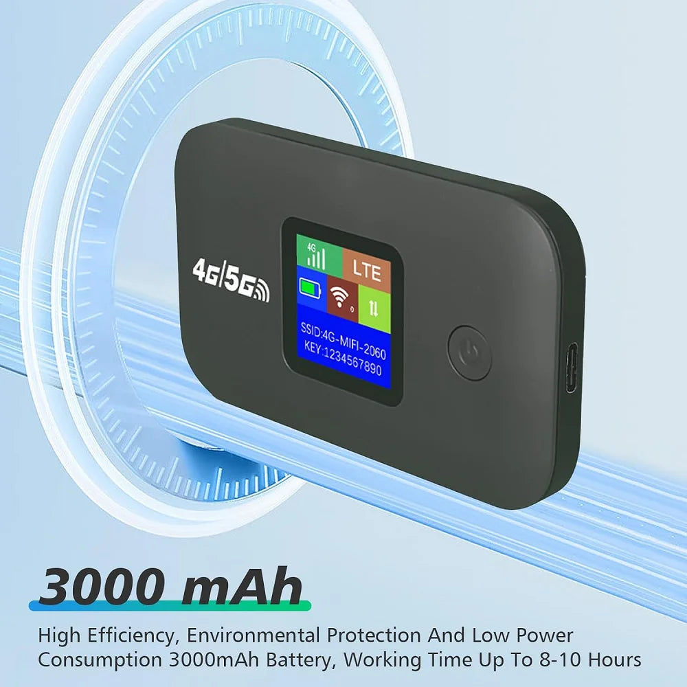 Black portable 4G LTE WiFi hotspot router with a digital display screen and 3000mAh battery for long-lasting use.
