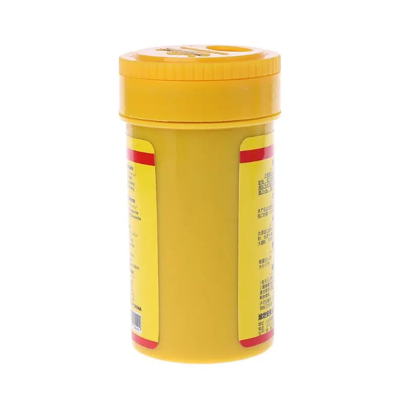 Yellow plastic cylindrical storage container with a screw-on lid and informational labels on the side.
