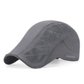 Grey men's flat cap with breathable mesh cut-out panels and a curved brim.