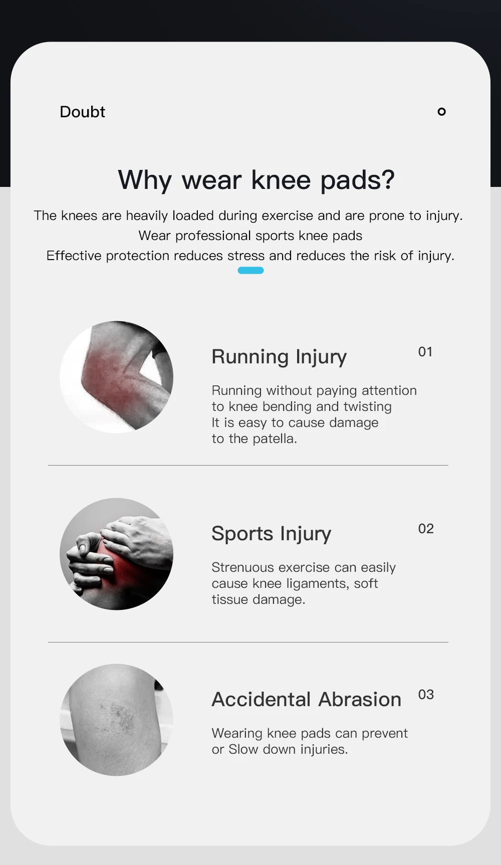 An infographic explaining the benefits of sports knee pads, showing three examples of knee injuries in greyscale.