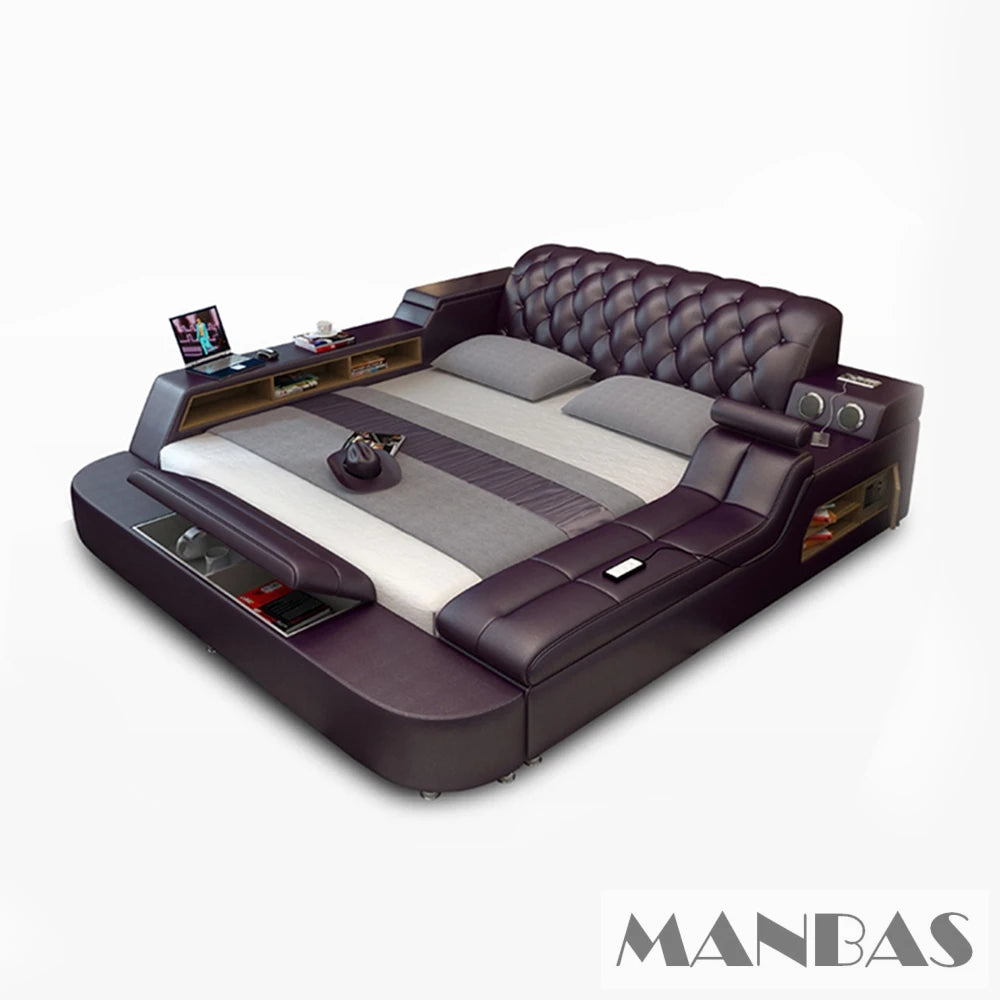 Luxury dark purple tufted upholstered platform bed with integrated storage, LED lighting, and side speakers.