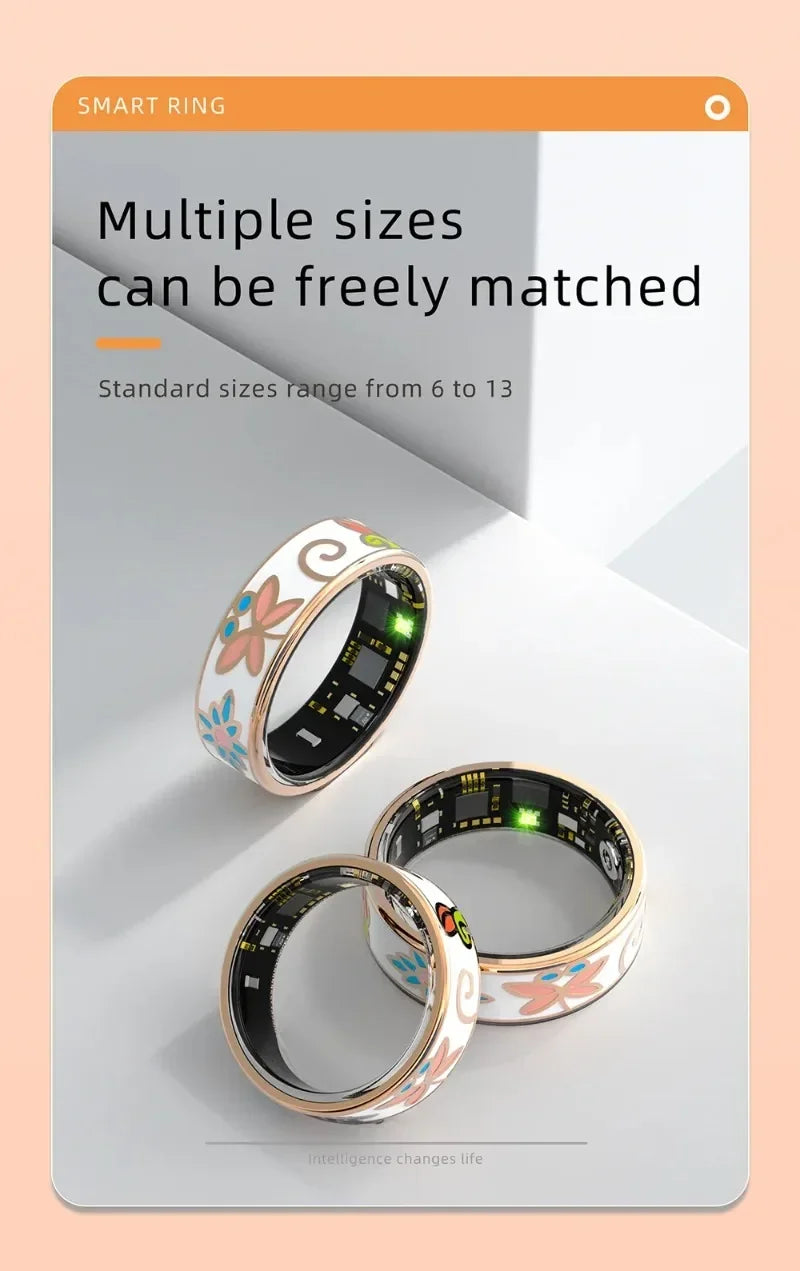 Two white smart fitness rings with rose gold edges and colourful dragonfly patterns, showing interior sensors.