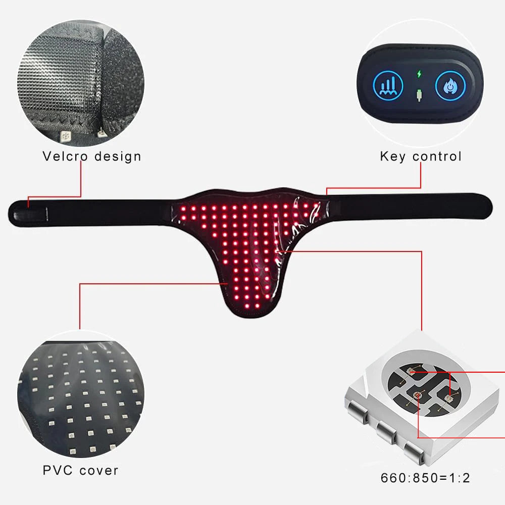 Black wearable red light therapy belt for pets with glowing red LEDs, Velcro straps, and a digital controller.