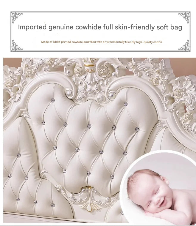 Luxury white leather princess bed headboard with tufted detailing, crystal buttons, and ornate floral carvings.