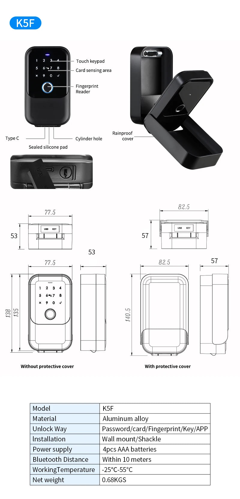 Black aluminum alloy key lock box with keypad, fingerprint reader, card sensor, rain cover, and wall mount options.