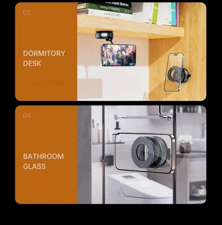 Black, circular magnetic phone holder shown mounted on a desk shelf and glass bathroom door for hands-free viewing.