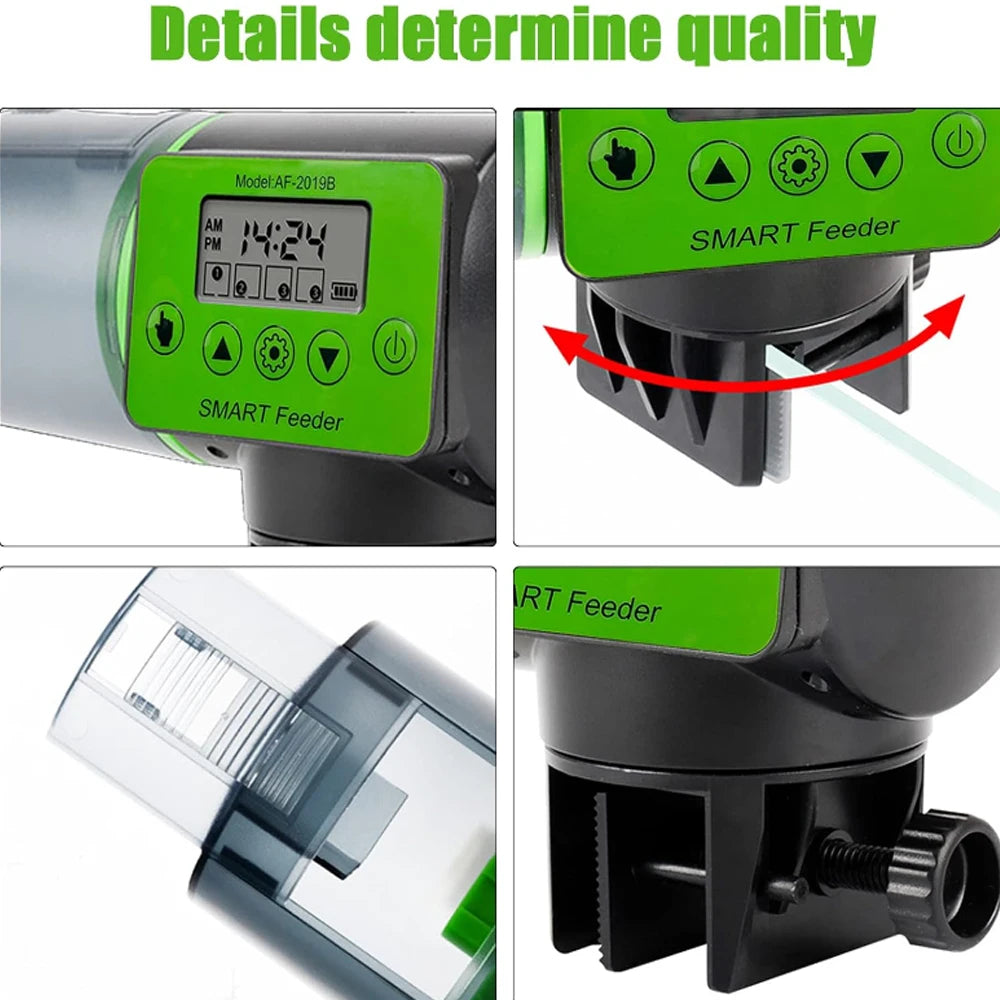 Black and green automatic digital fish tank feeder with a clear food container and an adjustable mounting clamp.