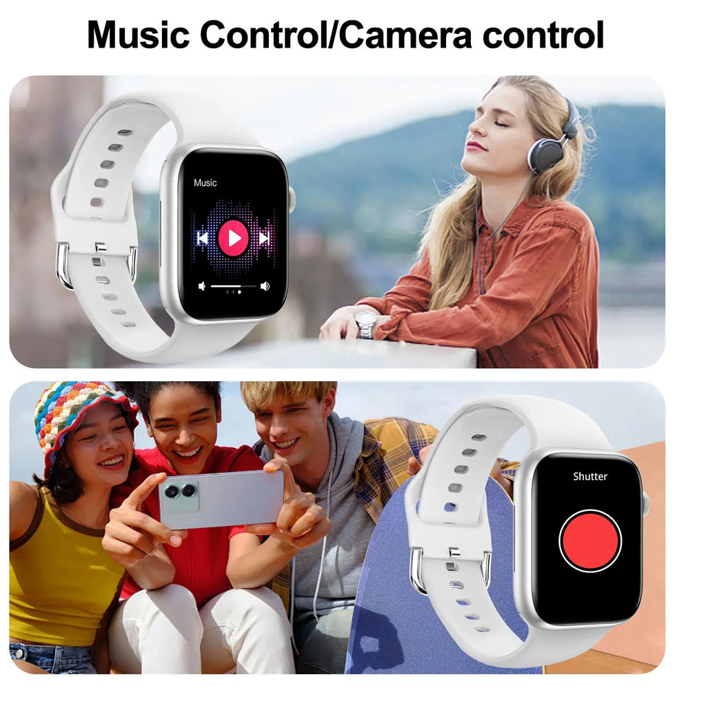 White smartwatch with a square screen displaying music controls and camera shutter features, worn by a lifestyle model.