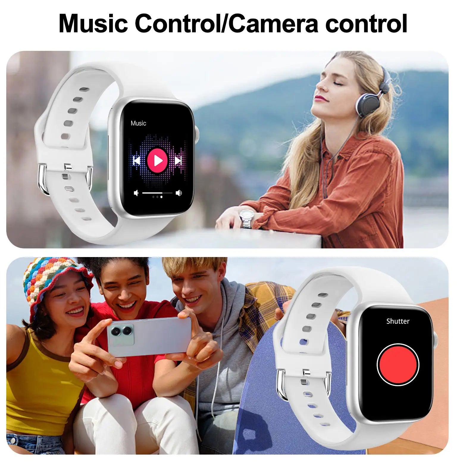 White smartwatch with a square screen displaying music controls and camera shutter features, worn by a lifestyle model.