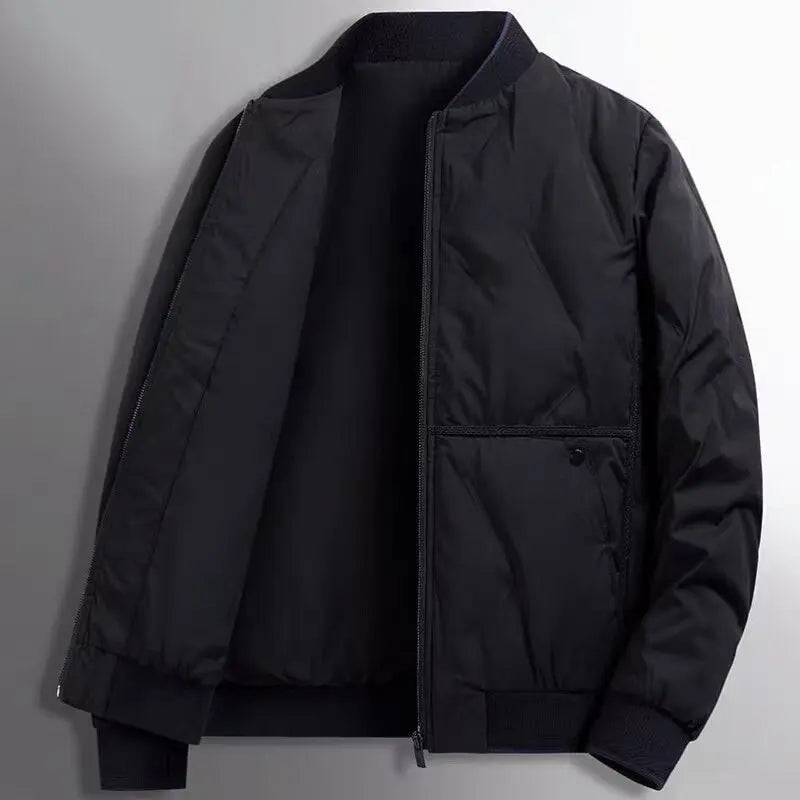 Men’s black, quilted zip-up bomber jacket with ribbed collar and cuffs, featuring a side pocket.