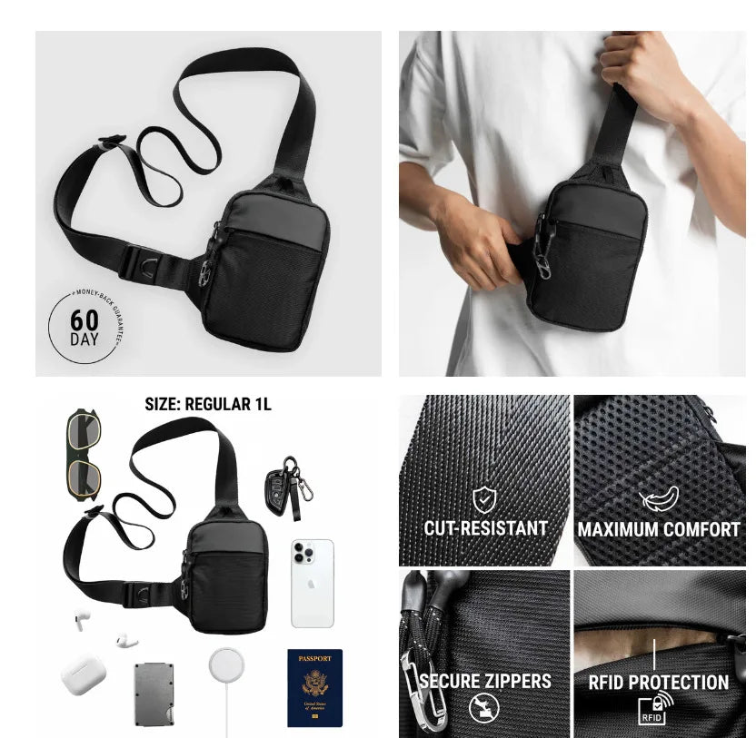 Black unisex anti-theft nylon sling bag with secure zippers, RFID protection, and cut-resistant, comfortable fabric.