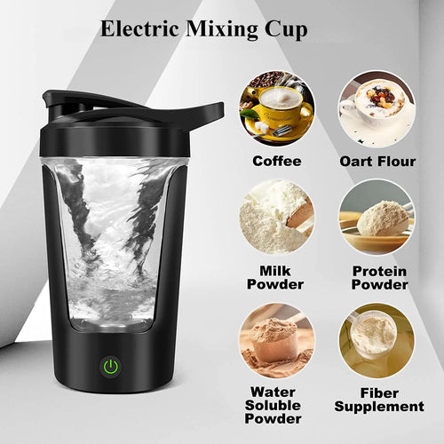 Black electric mixing cup with a clear middle section showing a liquid vortex, featuring a green power button.