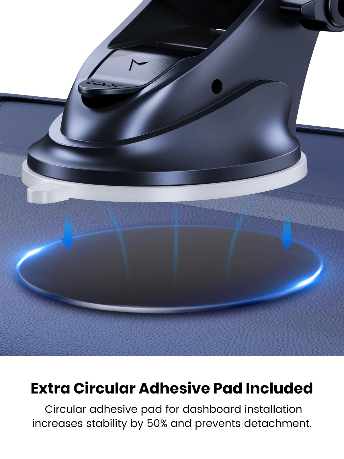 Black car phone mount suction base hovering over a circular adhesive dashboard mounting pad with blue light indicators.