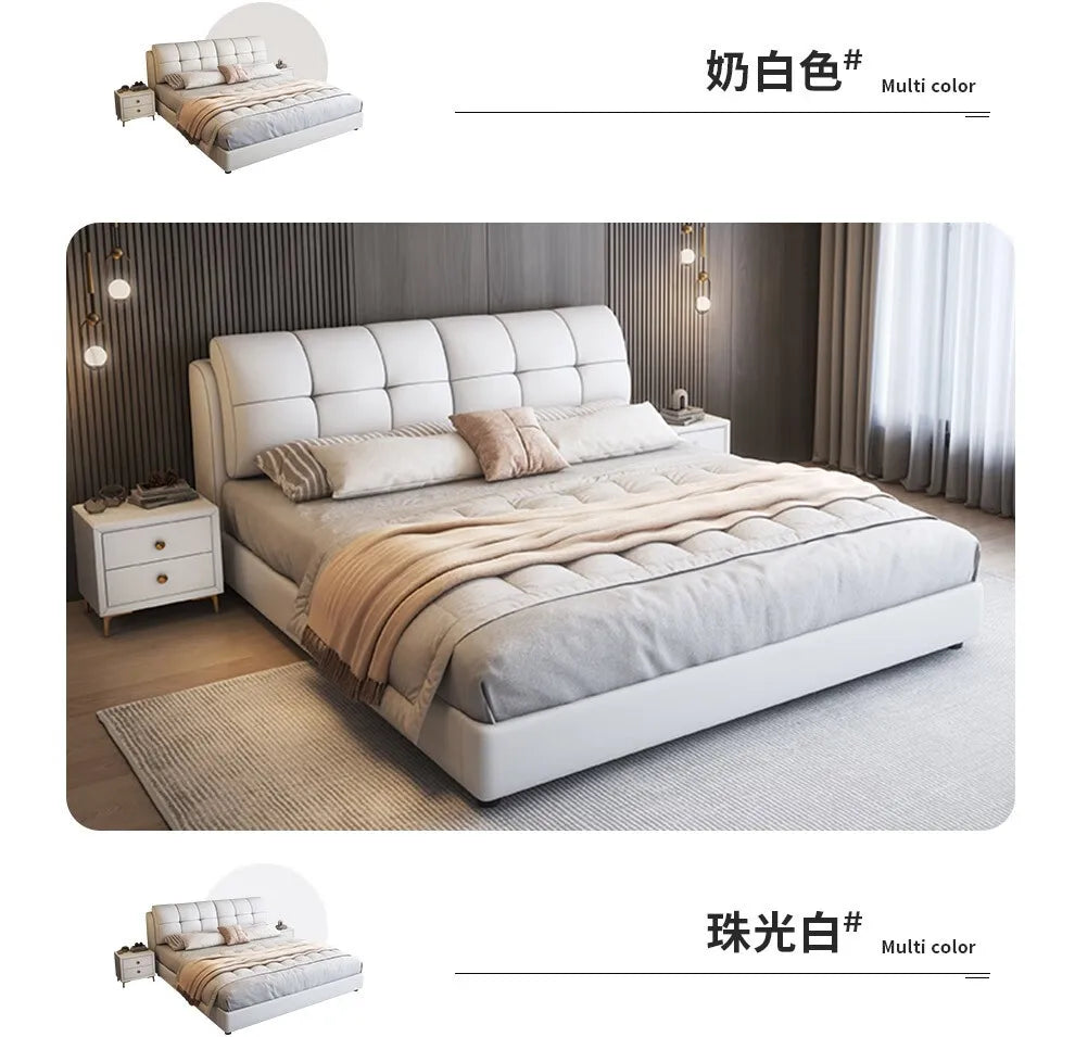 Minimalist cream-white queen bed frame with a button-tufted headboard and matching bedside tables.